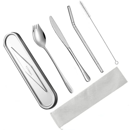 Travel Utensils Set with Steel Case, 6-Piece 18/8 Stainless Steel Spork and Reusable Straw Kit, Silent Locking Design, Portable Silverware for Camping, Office & Eco-Friendly Travel