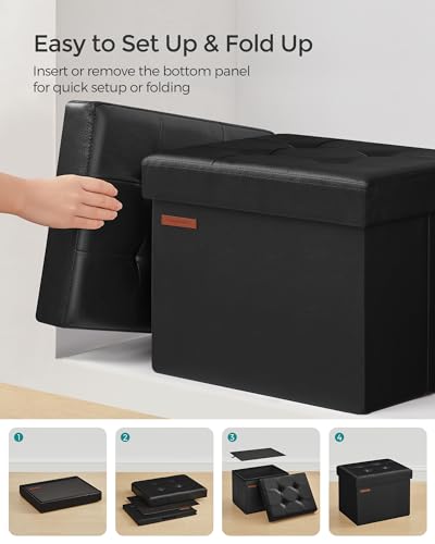 SONGMICS Small Folding Storage Ottoman, Foot Rest Stool, Cube Footrest, Synthetic Leather, 12.2 x 16.1 x 12.2 Inches, 286 lb Capacity, for Living Room, Bedroom, Dorm, Ink Black ULSF100B01 - color: Ink Black, style: Synthetic Leather