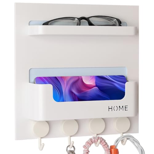 Updated Bedside Shelf Wall Mount Phone Holder Organizer Stick On Adhesive Damage Free Hanging Strips 4 Hooks Teenager Dorm Room Essentials Decoration Gasses Remotes Keys Snacks (White) - color: White