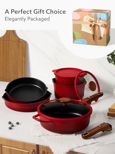CAROTE 20Pcs Titanium Cookware Set, Pots and Pans Set Non Stick, Kitchen Cooking Set with Detachable Handle, Non Toxic Induction Cookware - Camping Cookware, Dishwasher/Oven Safe, Red - color: Gradient Red