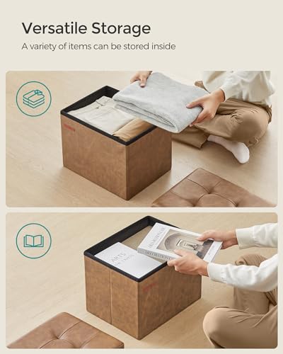 SONGMICS Small Folding Storage Ottoman, Foot Rest Stool, Cube Footrest, Synthetic Leather, 12.2 x 16.1 x 12.2 Inches, 286 lb Capacity, for Living Room, Bedroom, Dorm, Coffee Brown ULSF100K01 - color: Coffee Brown, style: Synthetic Leather