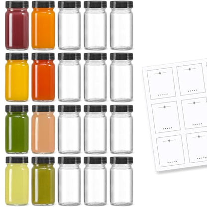20 PACK 2 oz Glass Shot Bottles w/ Black Lids & 20 Labels - Small Clear Jar for Ginger, Wellness Shot, Juice, Sample, Whiskey - Travel Essentials Mini Bottles - Wide Mouth, Leakproof, Dishwasher Safe - color: Black Lid, size: 20 Pack
