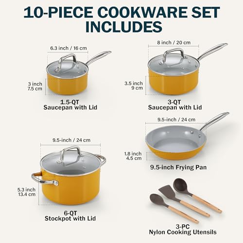 Cook N Home Classic Nonstick Cookware Set, Pots and Pans Cookware Set with Glass Lids and Comfortable Handles, Induction Compatible, 10-Piece, Yellow - color: Yellow