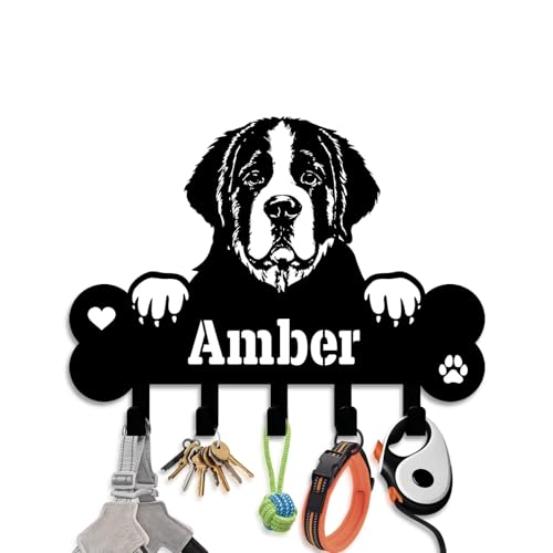 NIWAHO Dog Leash Holder for Wall Personalized - Saint Bernard Custom Metal Sign with Bone Key Hooks, Entryway Mudroom Organizer Rack, Pet Room Decor - color: Saint Bernard