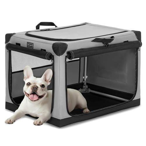 PETSFIT 26" Soft Portable Dog Crate – Patented Spiral Sturdy Frame, Collapsible Travel Kennel for Small Dogs, 3 Mesh Door, Lockable Zippers, Indoor & Car Use Gray - color: Gray, size: 26.0"L x 19.0"W x 18.0"H