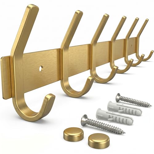 Brushed Gold Wall Mounted Coat Rack – 17 Inch Stainless Steel Rail with 6 Double Coat Hooks for Entryway, Bathroom, Bedroom, Kitchen – Modern Gold Hook Rack for Coats, Hats, Towels - color: Gold, size: 6 Hooks - 1 Pack