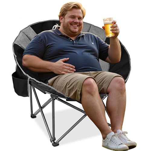 Northroad XXL Camping Moon Chair,Oversized Round Chair,Folding Padded Saucer w/Side Pocket,500lbs Capacity for Outdoor Hiking Fishing Picnic Lawn,Black&Grey - color: Black