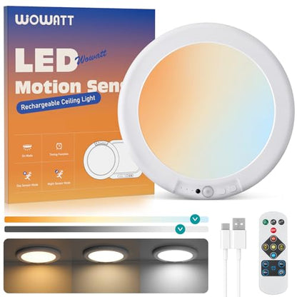 wowatt Rechargeable Ceiling Lights Battery Operated Ceiling Light with Remote Wireless Shower Lighting 3000K 4500K 6500K 7.48in Dimmable Timing Overhead Light for Closet Shower Living Room - color: 3CCT-Round, size: 1 Pack