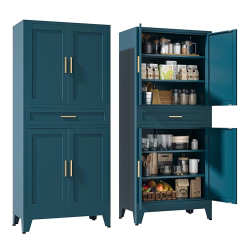 YAUWOH 71''Tall Kitchen Pantry Cabinet with Drawer,6-Tiers Metal Pantry Storage Cabinet with 4 Adjustable Shelves and 4 Barn Doors, Freestanding Farmhouse Food Cupboard for Dining Room (1PC,Blue) - color: Blue, size: 71"H-4 Doors 1 Drawer