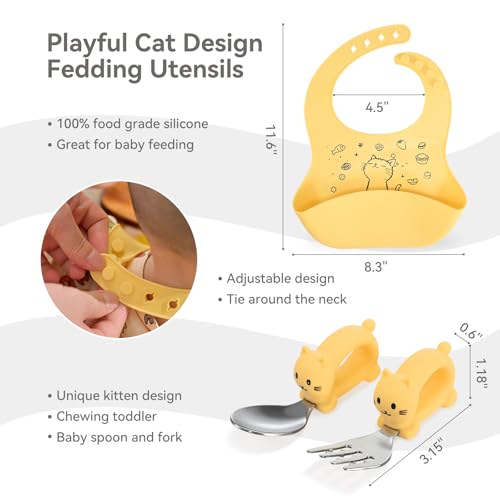 Baby Travel Essentials 6 Pc Feeding Set - Cute Cat Toddler Plates with Suction, 304 Stainless Steel Spoon & Fork, Foldable Silicone Bib in Travel Case - BPA-Free Airplane Travel Gear (Pale Yellow) - color: Pale Yellowe