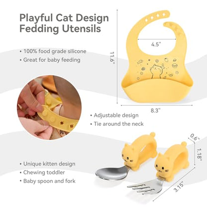 Baby Travel Essentials 6 Pc Feeding Set - Cute Cat Toddler Plates with Suction, 304 Stainless Steel Spoon & Fork, Foldable Silicone Bib in Travel Case - BPA-Free Airplane Travel Gear (Pale Yellow) - color: Pale Yellowe
