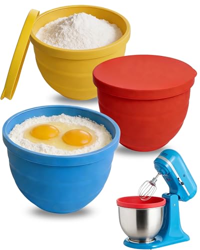 Silicone Bowl Liners for KitchenAid 5 Quart Stand Mixer, Collapsible Heavy-Duty Food Grade Silicone Bowl Inserts with Lids 3 Pack, Stable, Dishwasher Microwave Freezer Safe