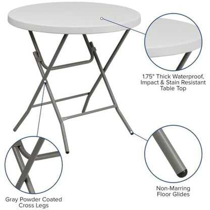 BOWERY HILL Round Folding Table, 31.5 in Diameter, Metal/Plastic, Granite White Finish, Non-Locking Legs, Waterproof and Stain Resistant, Compact Portable Table for RV, Camper, Outdoor Dining