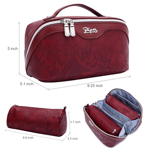 BOYATU Travel Makeup Bags Cosmetic Organizer Bag: 3-Set Large Capacity Make up Bag - PU Leather Toiletry Bags for Women - Wide Open Portable Pouch with Divider & Handle (02-Dark Red) - color: 02-Dark Red