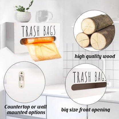 Trash Bag Dispenser, Wall Mount Trash Bags Holder Dispenser with Lid Wooden Kitchen Trash Bag Roll Organizer Plastic Garbage Bag Storage for Cabinet. (White) - color: White