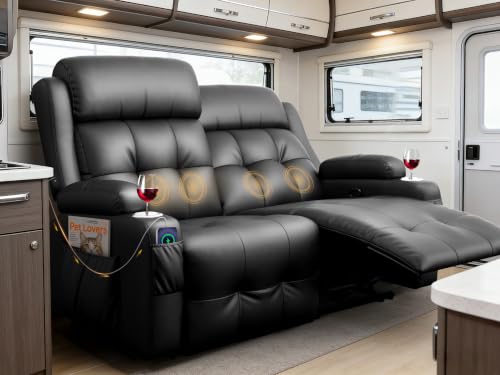 Reclining Loveseat, 55.1" RV PU Leather Wall Hugger Recliner Love Seats Sofa with Charging Station, Removable Armrest, Cup Holder, Double Recliners Couch, Manual Love Seat for Living Room - color: Midnight Black, size: Hera - Loveseat