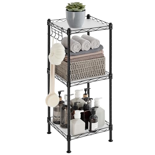 SONGMICS 3-Tier Bathroom Shelf, Storage Rack for Small Space, with 3 PP Shelf Liners, Removable Hook, Extendable Design, Ink Black and Translucent ULGR103B01 - color: Ink Black + Translucent, size: 3 Tiers (11.8"D x 11.8"W), style: With PP Shelf Liners