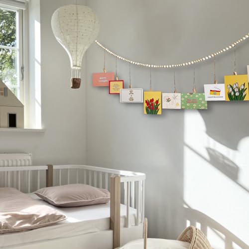 Kuailiahai 2pcs Hanging Photo Display Wooden Beads Wall Decor with 18 Wooden Clips, 57inches Boho Clip Photo Holders for Bedroom, Living Room Decor, Teen Girl Gifts