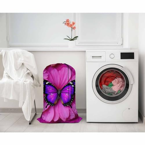 Swono Laundry Bag with Drawstring Closure Purple Butterfly, Foldable, Compact, Lightweight, 28" X 40" Beautiful Animal Wings Floral Petal Packable Dirty Clothes Bag for Home Dorm, Camp, Road Trip - color: Purple Butterfly