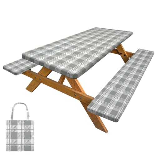 Picnic Table Cover with Bench Covers Camping Tablecloth with Storage Bag Windproof Waterproof Picnic Table Covers with Elastic for Camping - color: Grey Plaid, size: 72x30in