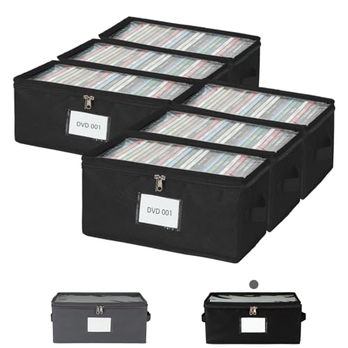 6 Pack Fabric DVD Storage Box with Clear PVC Lid, Holds 25 Standard DVD Cases, Sturdy Non-Woven Fabric with Cardboard Support for Movie Collection, Black - color: Black, size: Standard-6 Pack