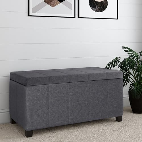 SIMPLIHOME Dover Storage Ottoman Bench - 36 inch Wide Upholstered Linen Look Fabric Rectangular Lift-Top Ottoman in Slate Grey, Contemporary Bench for Living Room with Safety Hinges - color: Slate Grey