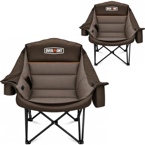 Overmont Gentle Heated Oversized Camping Chair for Adults - 3 Levels Seat & Back Separately Control - 500lbs Support Heavy Duty Padded Folding Chair Outdoor Garden Portable - Battery NOT Included - color: Khaki Twin