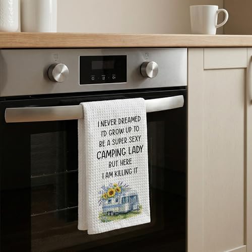 Camping Kitchen Towels 16x24 Waffle Weave, I Never Dreamed I’d Grow Up to Be a Super Sexy Camping Lady Dish Towels, Camp RV Gifts for Women, Gifts for Campers -A03 - color: Camping_03
