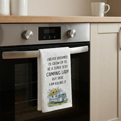 Camping Kitchen Towels 16x24 Waffle Weave, I Never Dreamed I’d Grow Up to Be a Super Sexy Camping Lady Dish Towels, Camp RV Gifts for Women, Gifts for Campers -A03 - color: Camping_03