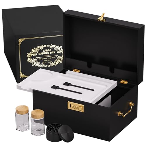 Bamboo Storage Box with Lid and Lock – Large Wooden Stash Box with Rolling Tray, Adjustable Dividers & Vintage Gold Side Handles, Elegant Storage Organizer - color: Black & White, size: Large