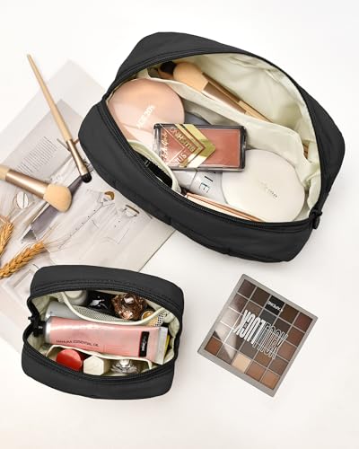 oscaurt 2 Pcs Makeup Bag Travel Toiletry Bag for Women Puffy Padded Cosmetic Pouch Purse Wide-open Makeup Organizer Case Travel Essentials - color: Black-Set