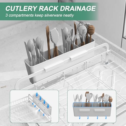 Dish Drying Rack,Dish Racks for Kitchen Counter, Metal Dish Drainer with Adjustable Drainage Spout, Removable Knife and Fork Holder (White) - color: 1 Tier - White