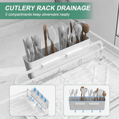 Dish Drying Rack,Dish Racks for Kitchen Counter, Metal Dish Drainer with Adjustable Drainage Spout, Removable Knife and Fork Holder (White) - color: 1 Tier - White