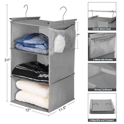 MAX Houser 3 Tier Shelf Hanging Closet Organizer, Closet Hanging Shelf with 2 Sturdy Hooks for Storage, 2 Pack, Foldable (Grey) - color: Grey2