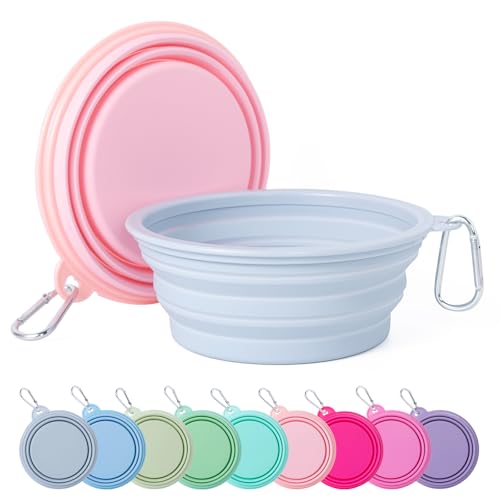 SLSON Collapsible Dog Bowl, 2Pack Macaron Color Pet Travel Bowls Silicone Foldable Water Feeder Dish for Small to Large Dogs Cat Walking Hiking Camping (Macaron Coral and Light Grey, Medium) - color: Macaron Coral and Light Grey, size: Medium