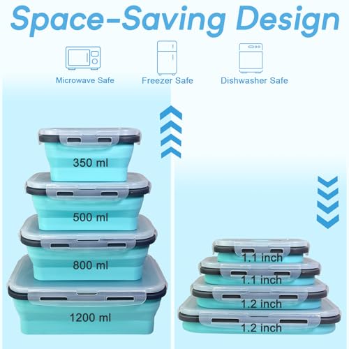 Guyuyii 4 Pack Space-Saving Collapsible Food Storage Containers with Lids | 12/17/27/40 oz Food-Grade Silicone Set for RV, Camping, Meal Prep, Small Kitchens - Microwave/Freezer/Dishwasher Safe - color: blue