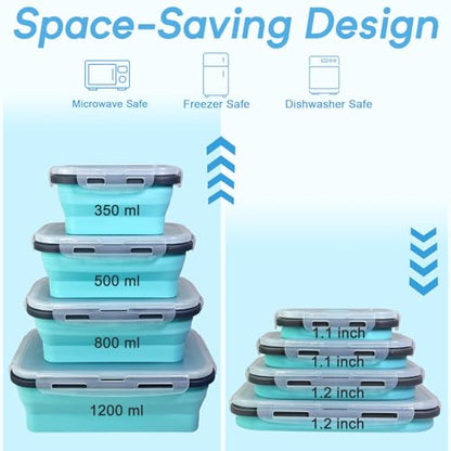 Guyuyii 4 Pack Space-Saving Collapsible Food Storage Containers with Lids | 12/17/27/40 oz Food-Grade Silicone Set for RV, Camping, Meal Prep, Small Kitchens - Microwave/Freezer/Dishwasher Safe - color: blue