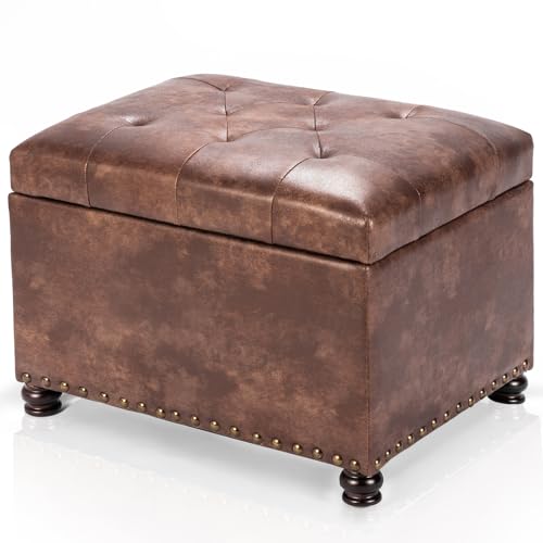 Joveco Leather Storage Ottoman, 24" Rectangle Tufted Square Upholstered Bench, Foot Rest Stool with Wood Legs, Footstool for Living Room Bedroom, Coffee - color: Coffee