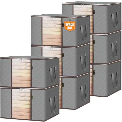 BALEINE 8 Pack Clothes Storage Bags, 24 Gallon Storage Containers with Reinforced Handle Sturdy Zipper, Closet Storage for Blanket Comforter Pillow Bedding (Grey, 8 Pack) - color: Grey, size: 8 Pack-24 Gallon