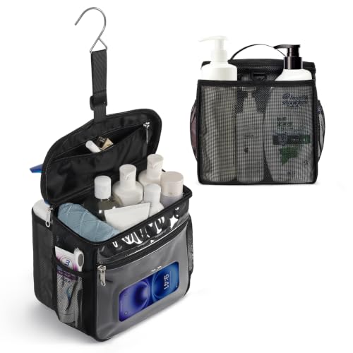 Bukere Shower Caddy Mesh Tote Bag, Portable College Dorm Room Essentials, Large Capacity Separate Compartment Quick Dry Mesh, Hanging Toiletry Organizer Bag for Student, Bathroom, Gym, Travel, Camping - color: Black