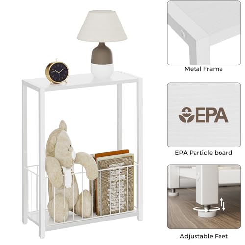 Homleke Narrow Side Tables Set of 2 with Magazine Holder, Skinny End Tables Perfect for Small Spaces, Space-Saving Design for Living Room, Bedroom, or Office, 7.1" D x 16.9" W x 23.6" H, White - color: White - Standard