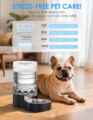 Heouvo 1.7 Gallon Automatic Dog Water Dispenser【Wide Mouth for Easy Hand-in Cleaning】【Removable Stainless Steel Bowl】, Gravity Refilling Large Capacity for Cats and Dogs, Multi-Pet Homes - size: 6.5L