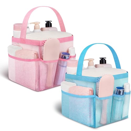 Attmu Mesh Shower Caddy Portable for College Dorm Room Camping Essentials, Shower Caddy Dorm with 9-Pockets, Large Capacity Hanging Basket Bathroom Bag for Toiletry, Swimming, Gym, Camp, Beach - color: pink blue