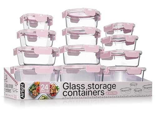 Bakken Borosilicate Glass Food Storage Containers with Lids 24 Pieces, BPA-Free Stackable Lunch & Leftover Containers, Microwave, Freezer & Dishwasher Safe, 100% Airtight Leak-Proof, Pink - color: Pink