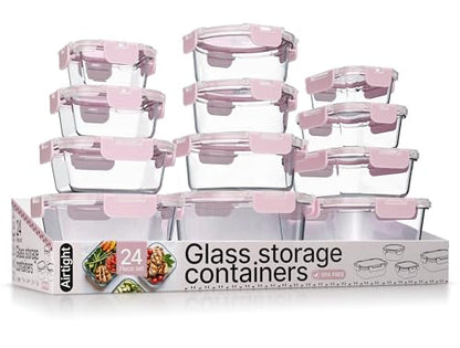 Bakken Borosilicate Glass Food Storage Containers with Lids 24 Pieces, BPA-Free Stackable Lunch & Leftover Containers, Microwave, Freezer & Dishwasher Safe, 100% Airtight Leak-Proof, Pink - color: Pink