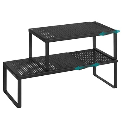 SONGMICS Spice Racks, Set of 2 Expandable Kitchen Countertop Shelves, Small Cupboard Organizers, Metal, Space-Saving Tabletop Shelves, Matte Black UKCS402B01 - color: Matte Black, size: Set of 2
