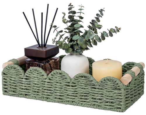 CubesLand Toilet Paper Storage Basket Organizer, Small Wicker Toilet Tank Top Decorative Baskets for Countertop, Handwoven Scalloped Basket w/handle for Home Decor, Living Room, Bedroom, Green - color: Green, size: s - 12.99 X 6.3 X 3.15in