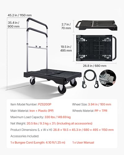 VEVOR Foldable Utility Cart, 330LBS Portable Dolly Cart with Telescoping Handle for Boxes, Crates, Groceries, Folding Platform Truck with 360° Swivel Wheels for Garage/Garden/Office, Black - size: 26.8 x 19.5 x 4.5 in/ 680 x 495 x 115 mm