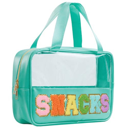 Snack Bags Chenille Letter Patch Clear Bag Snacks Bag for Travel, Preppy Cosmetic Bag Snacks Pouch with Zipper, Toiletry Bag for Traveling women, Clear Travel Bags for Toiletries (Green) - color: Green