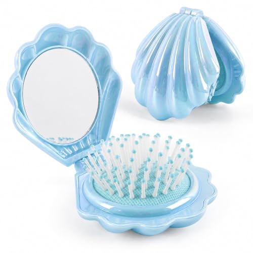 Iridescent Shell Folding Hair Brush with Mirror, Compact Travel Size Mermaid Hair Brush for Purse, Portable Brush Mini Pocket Mirror Massage Comb for Women (Blue) - color: BLUE